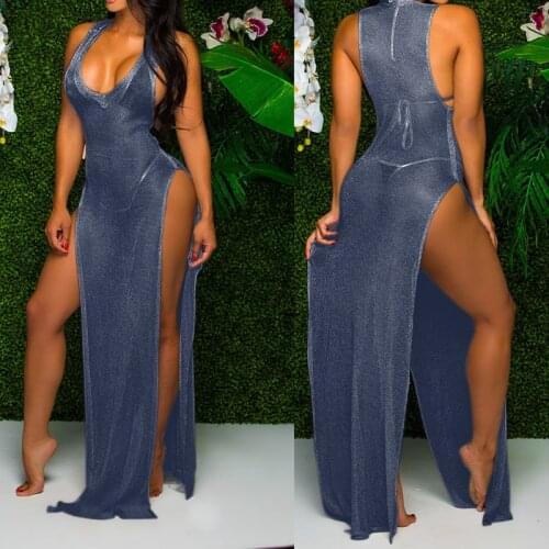 Women Sexy Summer Mesh Sheer Beach Maix Dress Sleeveless V-neck Side Split Lace-up Solid Splicing Bikini Cover-ups Vestidos 2021