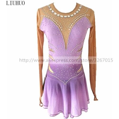 Figure Skating Dress Womens Girls' Ice Skating Dress Light purple round neck long sleeve Line pattern decorative rhinestones