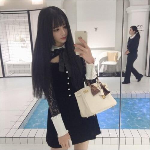 2017 Spring Sexy Cute Womens Vintage Black & White Patchwork Hollow Out Lace Dress Long Sleeve Bow Pin Slimfit Dress One Piece