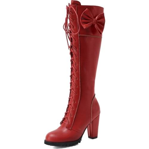 Winter Girls Lolita Knee High Boots Kawaii Female Winter Shoes Lace Up Bow Tie Japanese JK Uniform Sweet Cosplay Party Dropship