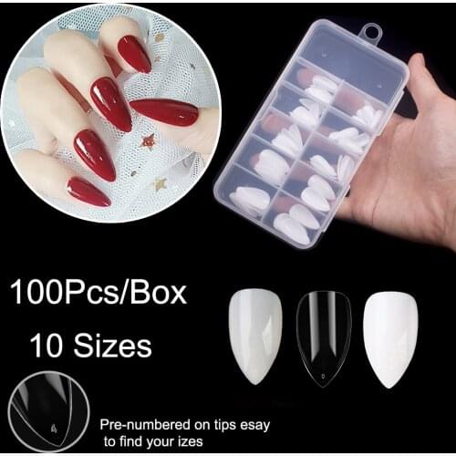 100Pcs/box Clear Fake Nails Tips Artificial Stiletto Nails Nail Tips Almond False Nails Full Cover Fake Nails Art Decoration