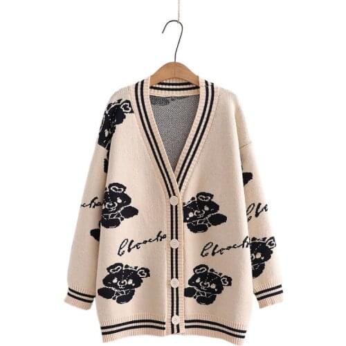 2021 New Spring Women Cardigans Harakuju Single Breasted Knitted Sweaters V-Neck Long Sleeve Cartoon Embroidery Knit Top 2112590