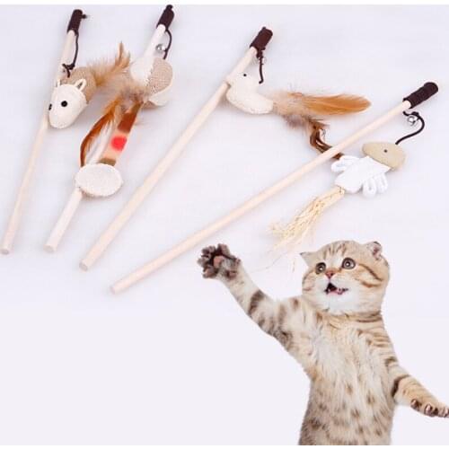 4pcs Natural Wooden Cat Toy Linen Mouse Small Fish Cat Toy with Bells Funny Cat Stick Pet Training Toy Interactive Pet Toy D5006