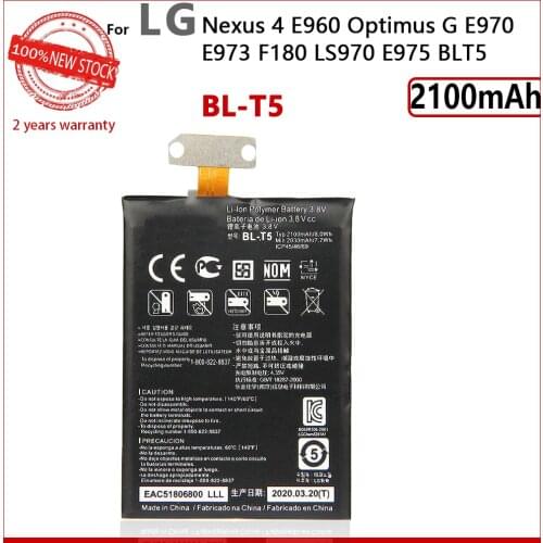100% Genuine BL T5 BL-T5 For LG Nexus 4 Battery E975 E973 E960 F180 LS970 Optimus G E970 2100mAh Phone In Stock New Batteries