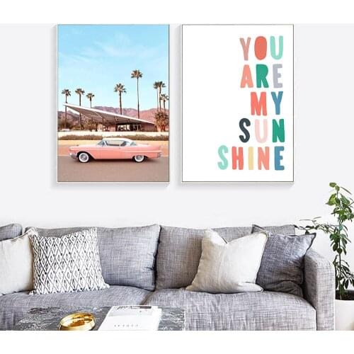 Colorful Quotes Wall Art Canvas Poster Minimalist Print Shining Pink Car Painting Picture for Living Room Home Decor