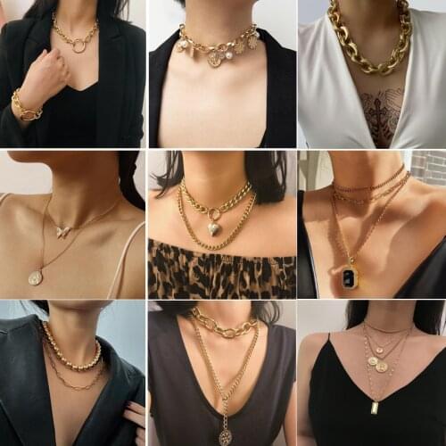 Newest Hot Fashion Multilayer Hip Hop Long Chain Necklace Women Men Gifts Lock Cross Coin Pendant Necklaces Accessories Jewelry