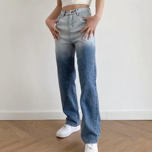 Women Fashion Casual full length straight Jeans trf Gradient Slim high-waist denim pants pocket vintage Streetwear Trousers Lady