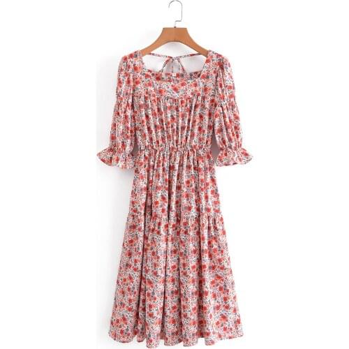 Jastie Summer Women Dress Floral Print Square Neck Puff Half Sleeve Back Bow Lace-Up Midi-Dress Bohemian Casual Beach Dress 2021