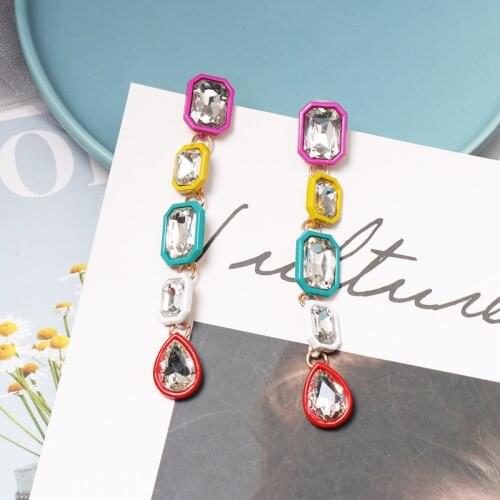 JURAN Fashion Long Geometric Drop Earrings Charm Multi Color Rectangle Rhinestone Earring for Women Party Jewelry Gift