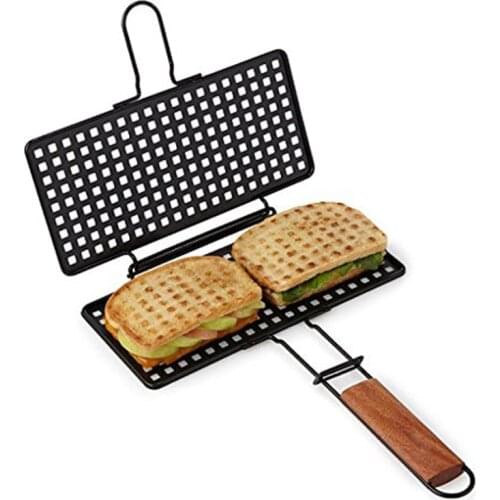 BBQ Grilling Basket With Wood Handle Meat Burger Clip Portable Nonstick Coating Grilled Cheese Press BBQ Tool Grill Accessories
