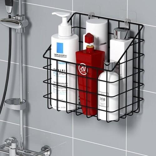 Bathroom Kitchen Accessories No Nails Metal Shower Storage Shelf Organizer Wall-Mounted Shampoo Holder Rack Clothes Basket
