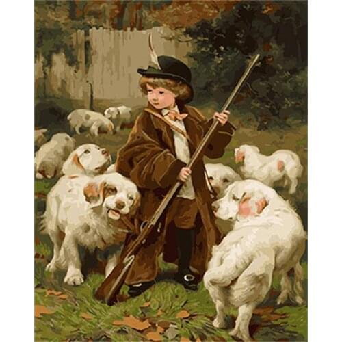 PAINTBOY Little Boy And Dogs Framed DIY Painting By Numbers Painting&Calligraphy Acrylic Painting Wall Art Home Decor