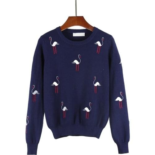 New White Crane Embroidery Sweater Round Neck Fashion Pullover Loose Casual Long-sleeved Bottoming Tops Women Clothing