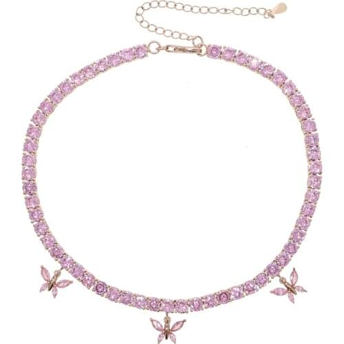 Pink tennis Chain Butterfly Necklace rose gold color Butterfly Tennis Chain Choker Iced Out Necklace Women Bling Hip Hop Jewelry