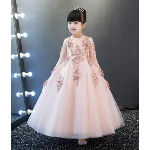 Pink Sunny Childrens Prom Dress Long Sleeve Ankle Length Princess Evening Dresses for Girls Children Dress Up for Girls Holiday
