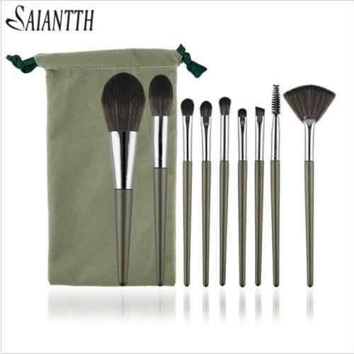 SAIANTTH 9pcs Dark Night Green Makeup Brushes Set Fan Blush Loose Powder Eye Shadow Eyebrow Lip Brush Eyelash Kit Full Cosmetic