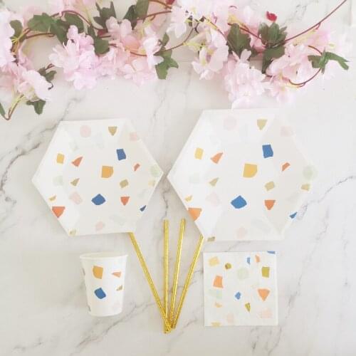 New Gilding Stamping Hexagonal Disposable Party Color Tableware Birthday Picnic Plate