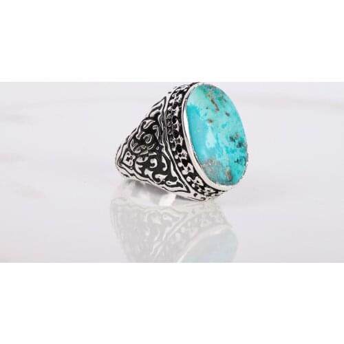 UM US JEWELRY Turquoise Natural Stone Hand Embroidered 925 Sterling Silver Men Ring