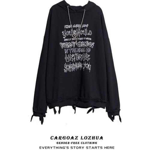 Spring temperament Hong Kong Style fairy national fashion mens and womens dark black chain printing destroys hooded bodyguard