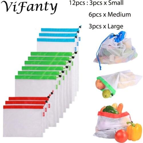 Vifanty Set of 12 Reusable Mesh Produce Bags,3 Sizes Washable and See-Through Grogery Bags,3 Small 6 Medium & 3 Large