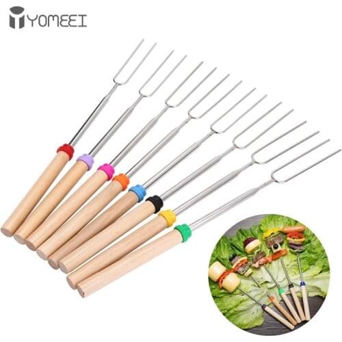 YOMEEI 9Pcs Telescopiing Roasting Barbecue Fork Stainless Steel BBQ Skewers Wood Handle Barbecue Stick Roasting For Camping
