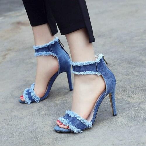 2021 Denim Summer Women High Heel Shoes Fashion Thin High Heel Open Toe Women Sandals Zipper Ankle Warp Womens Shoes Blue