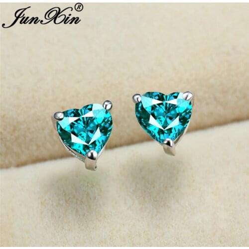Female Crystal Small Heart Earrings White Gold Blue Green Red Pink Zircon Wedding Stud Earrings For Women Promise Ear Studs Gift