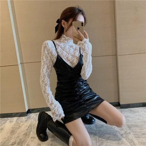 Women Set Design Sense Fashion Fold Sexy Slim Black leather Suspender Dress+Baili Collar Crochet Lace Shirt Top Lady Sexys Dress