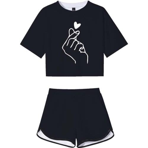 Heart Finger Crop Shorts Suit Solid Black 3D Print T-shirt Pants Two Piece Set Women Tracksuit Outfit Summer Cute Matching