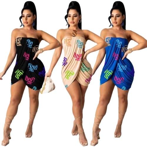 1L235 Summer Women Casual Fashion Pink Printed Chest Wrap Pleated Dress Vestidos Plus Size Hot 2021