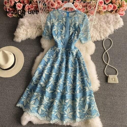 Young Gee Elegant Blue Short Sleeve Lace Dress Flower Embroidery Office Sweet Party Knee Length Streetwear Dresses vestidos