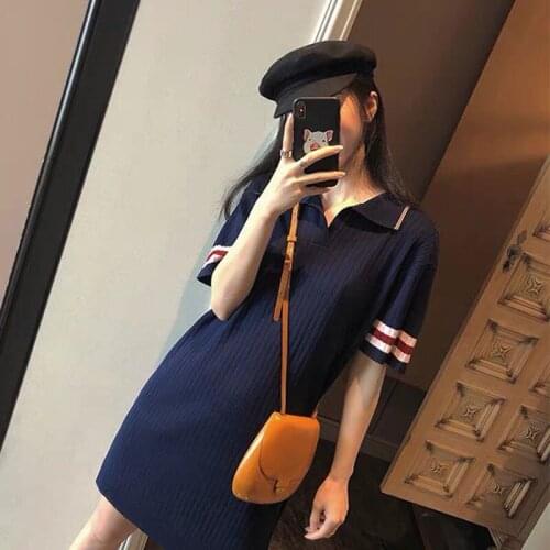 Women Dresses Summer 2020 Korean Vintage Striped Patchwork Turn Down Collar Short Sleeve Knit Ladies Dresses Blue vestido D263