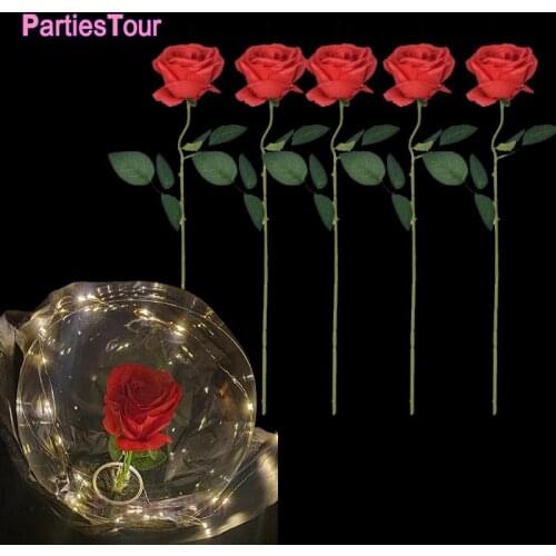 5pcs/set 50cm Artificial Rose Flowers Fake Roses Silk Flowers Plastic Long Stem Silk Roses for LED Luminous Balloon Rose Bouquet