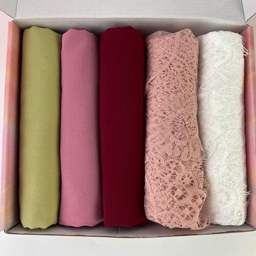 5pc/Box Popular Lace Edges Hijab Woman Plain Scarf Malaysia Long Shawl Wrap Flower Lace Foulard Soft Cotton Muslim Headscarf