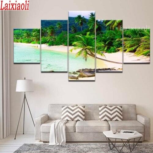 5D DIY Diamond Painting Full Square/Round Drill Seaside, seascape, coconut tree Diamond Embroidery,Mosaic,summer 5pcs Home Decor