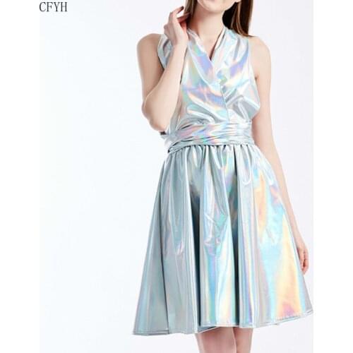 Glitter Laser Holographic A-Line Dress Women Backless Criss Cross Wet Look Sexy Dresses Multiple Ways To Wear