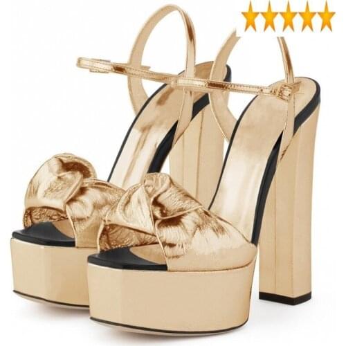 Women Platform Patent Knotted Leather Sandals Gold Sliver Supper High Heels Dress Party Lady Chunky Heel Summer Shoes