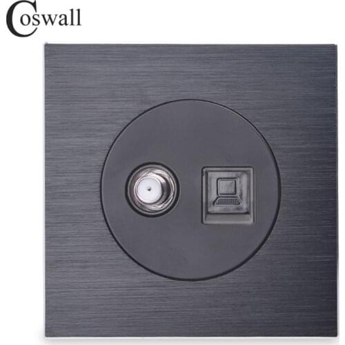 Coswall Luxurious Black Aluminum Panel Satellite Socket For Television Wall Power Outlet RJ45 Data Internet Computer Jack