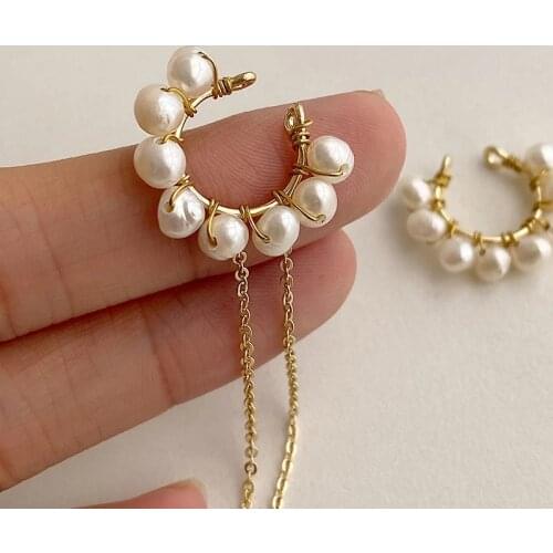 FFLACELL New Handmade Copper Wire Natural Freshwater Pearl Long Tassel Chain No Piercing Ear Clip Earrings for Women Jewelry