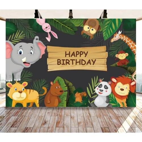 Happy Birthday Animals Look On You Backdrops Photography Cartoon Rabbit Panda Elephant Forest Photo Background For Studio Decor