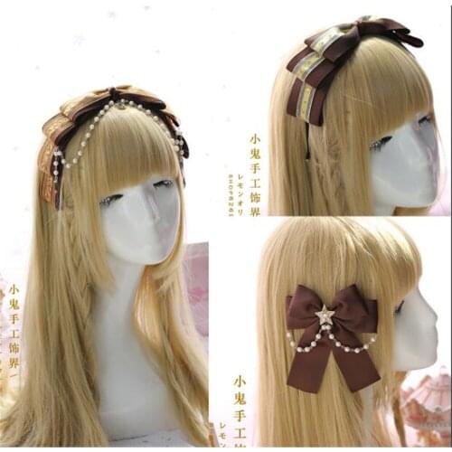 Gothic Japanese Lolita Brown Headwear Kawaii Princess Bowknot Hairpin Pearl Chain Decorate Hair Hoop Accessories B469