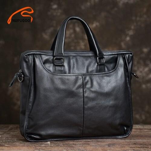 NUPUGOO Casual Men Handbag Genuine Leather Business Briefcase Large Capacity Shoulder Bag Zipper Pocket For 15.6 Inch Laptop Bag