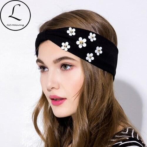Women Flower Cotton Knot Headbands Winter Girls Elastic Yoga Pearls Bow Hairbands Headwear For Ladies Soft Headwrap Accessories
