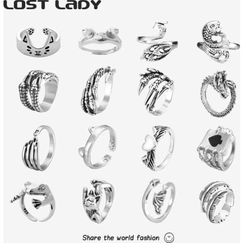 Lost Lady Adjustable Black Silver Color Dragon Snake Rings Statement Opened Punk Finger Ring for Women Men Party Jewelry Gift
