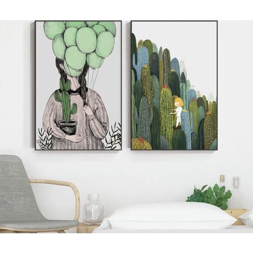 Nordic Green Cactus Poster And Print Balloon Girl Canvas Painting Lovely Wall Pictures for Living Room HD Cartoon Wall Art Decor