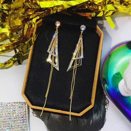 Triangular tassel water diamond earrings womens long temperament South Korean earrings 2019 new fashion earrings