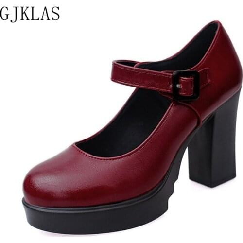 High Heels Platform Shoes Women Black Office Shoes for Women Chunky Heels Leather Ladies Pump Shoes Wedding Dress Block Heels