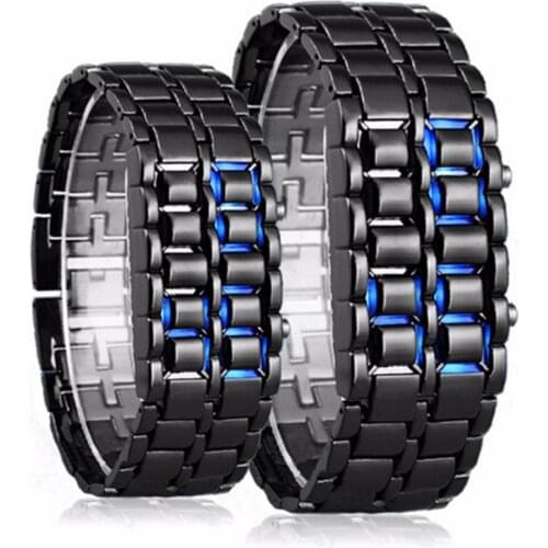 Unisex Lava Iron LED Watch Stainless Steel Faceless LED Digital Wrist Watch Fashion Sport Watch Clock Blue Red Light Relogio