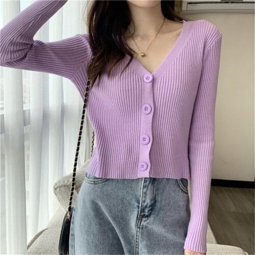 2021 Elegant Trendy Sweet Simple Design Outwear New Women Cardigan Sweater Single Breasted Solid Crop Top V-Neck Females Leisur