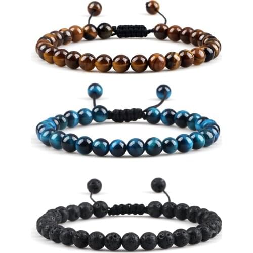6mm Natural Tiger Eye Stone Bracelet Black Lava Onyx Buddha Beads Bracelet Wrist Jewelry Adjustable Women Yoga Jewelry Pulseras